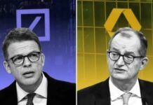 圖為德意志銀行首席執行官克里斯蒂安·澤溫（左）和德國商業銀行首席執行官馬丁·齊爾克（右）。英國《金融時報》網站