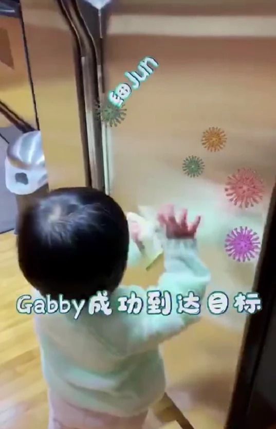 王祖藍曬1歲女兒做家務視頻 鍋蓋頭拿抹布打掃乖巧可愛