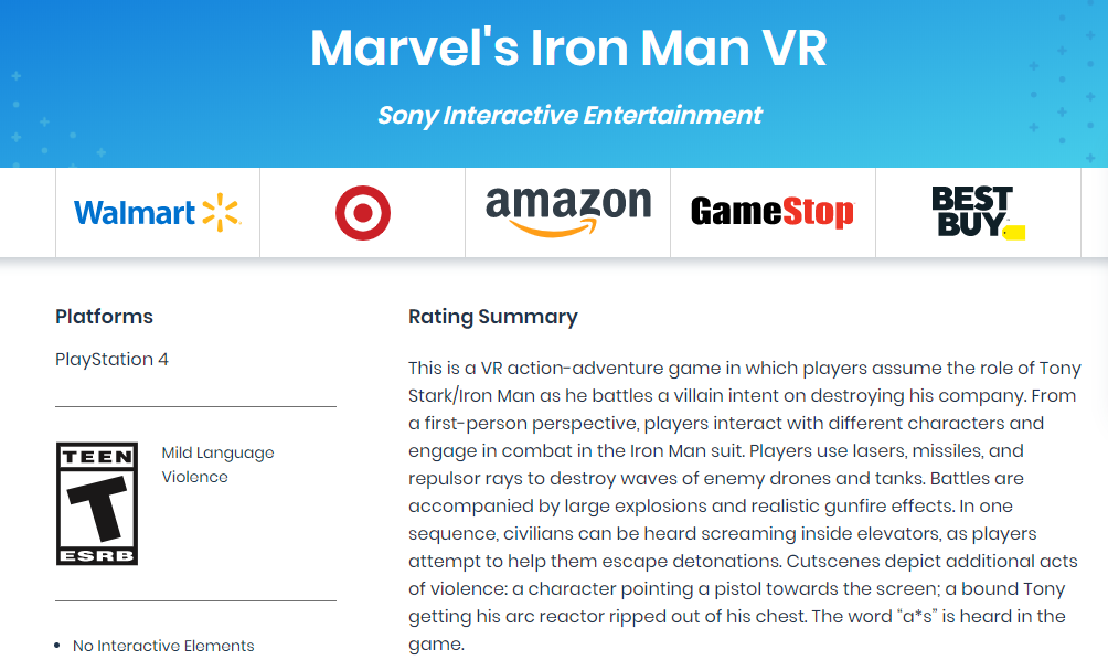 《漫威鋼鐵俠VR》評級出爐 含輕度髒話和暴力表現