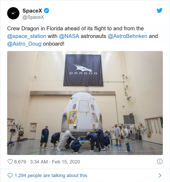 SpaceX載人龍飛船已轉移至佛羅里達州 預計數月後發射