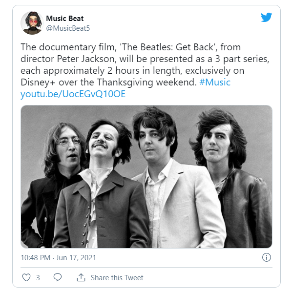 披頭士樂隊紀錄片《The Beatles：Get Back》將在Disney+獨家播放