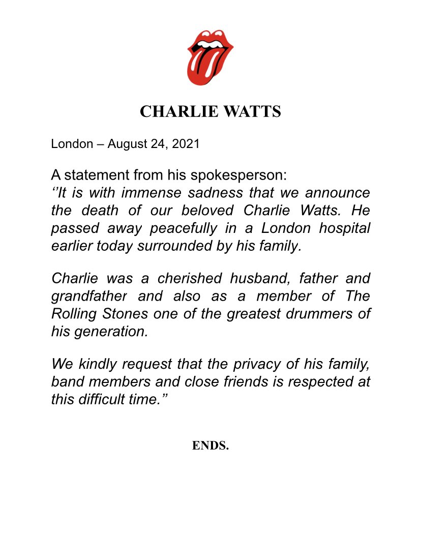 傳奇搖滾樂隊「滾石樂隊」成員、鼓手查理·沃茲逝世 享年80歲