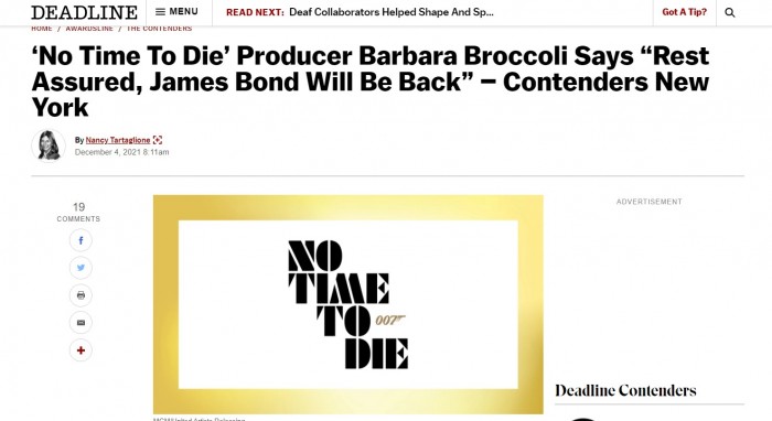 《007：無暇赴死》製作人表示詹姆斯·邦德還會回歸