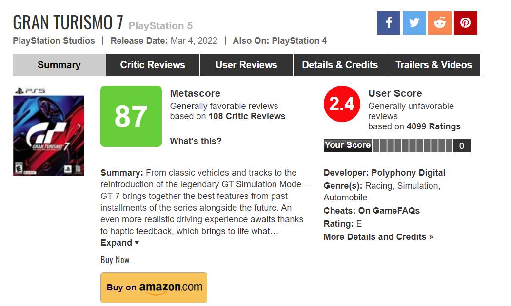 《GT賽車7》已成為M站用戶評分最低的索尼遊戲