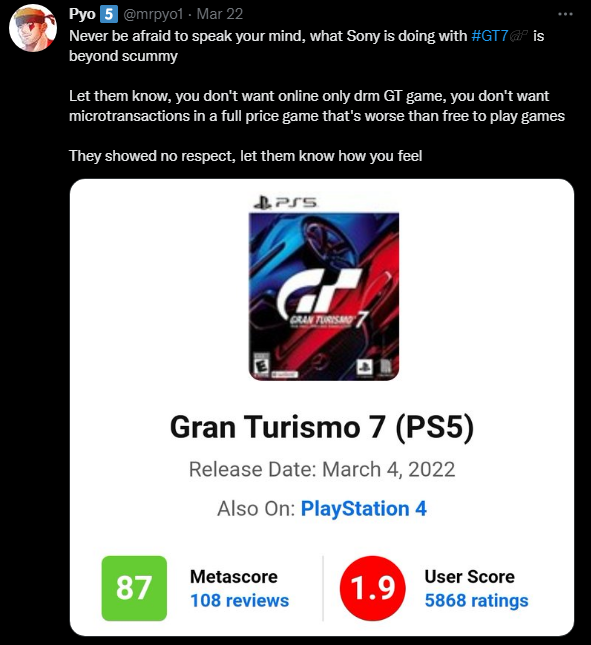 玩家集體抵制 《GT7》兩天時間評分再次跌穿僅1.7分