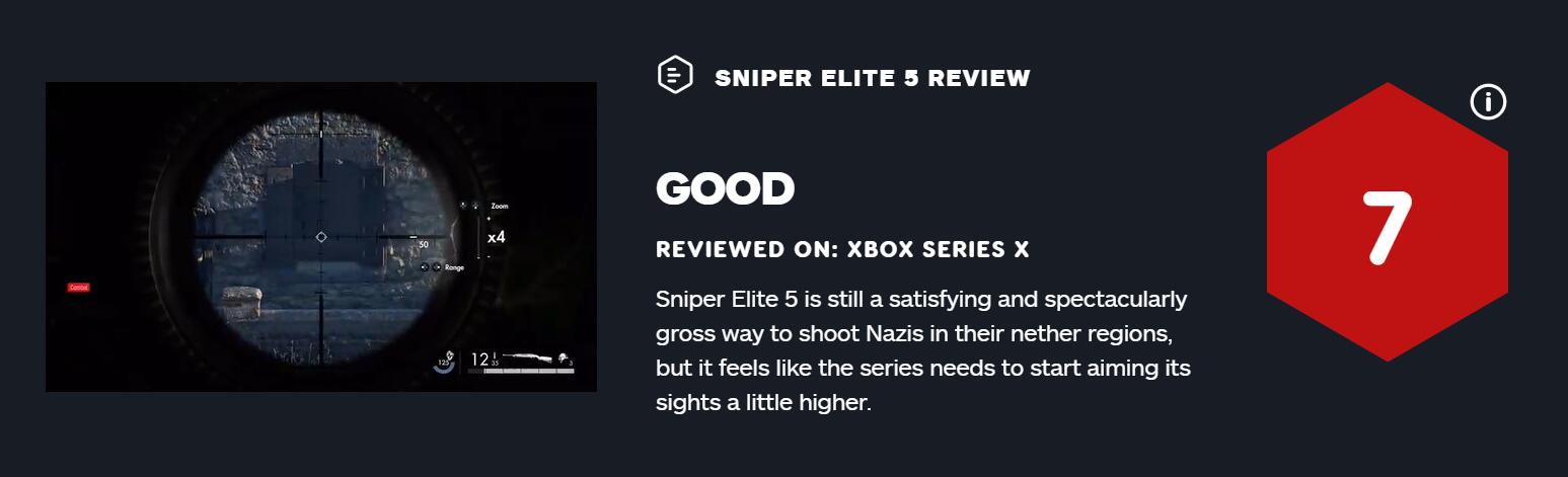 《狙擊精英5》IGN給7分：爽快刺激但基本沒什麼變化